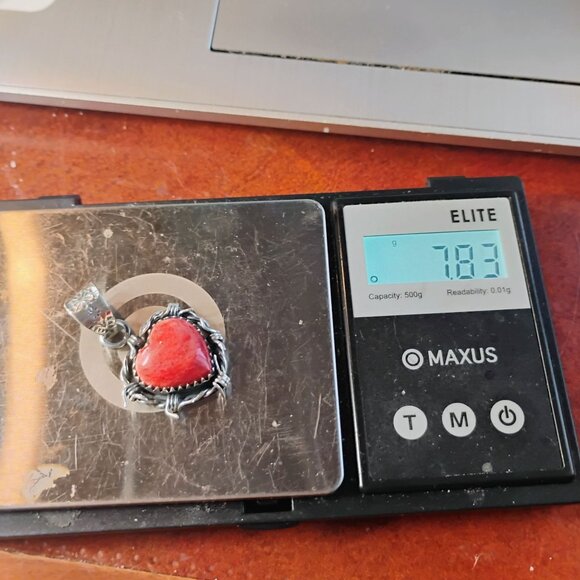 Southwest Orange Red Spiny Oyster Heart Pendant Sterling Silver Barb Wire - Picture 4 of 5